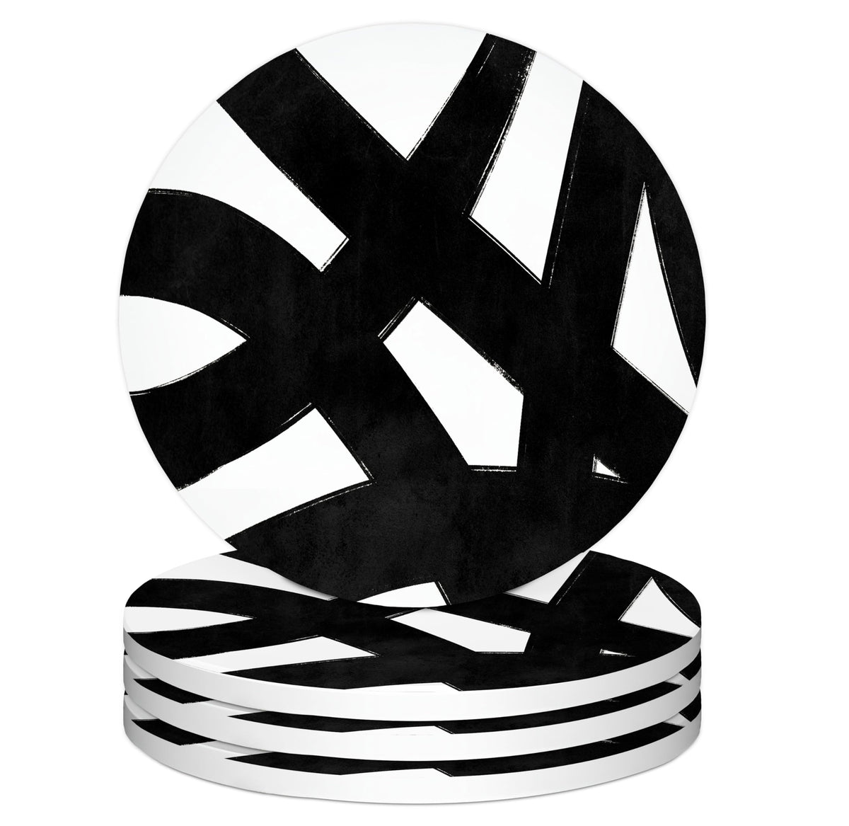 Black and White Coasters Set of 4, Modern Abstract Geometrical Black and White Ceramic Car Drink Coaster Cup Mat with Cork Back for Table Desk Decor
