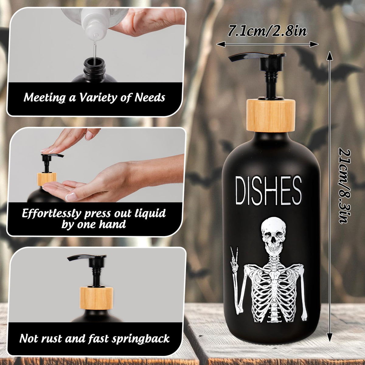 Whaline 2 Pcs Halloween Soap Dispenser Black Spooky Skeleton Hand Glass Soap Dispenser with Pump Refillable Liquid Container for Trick or Treat Home Kitchen Decor