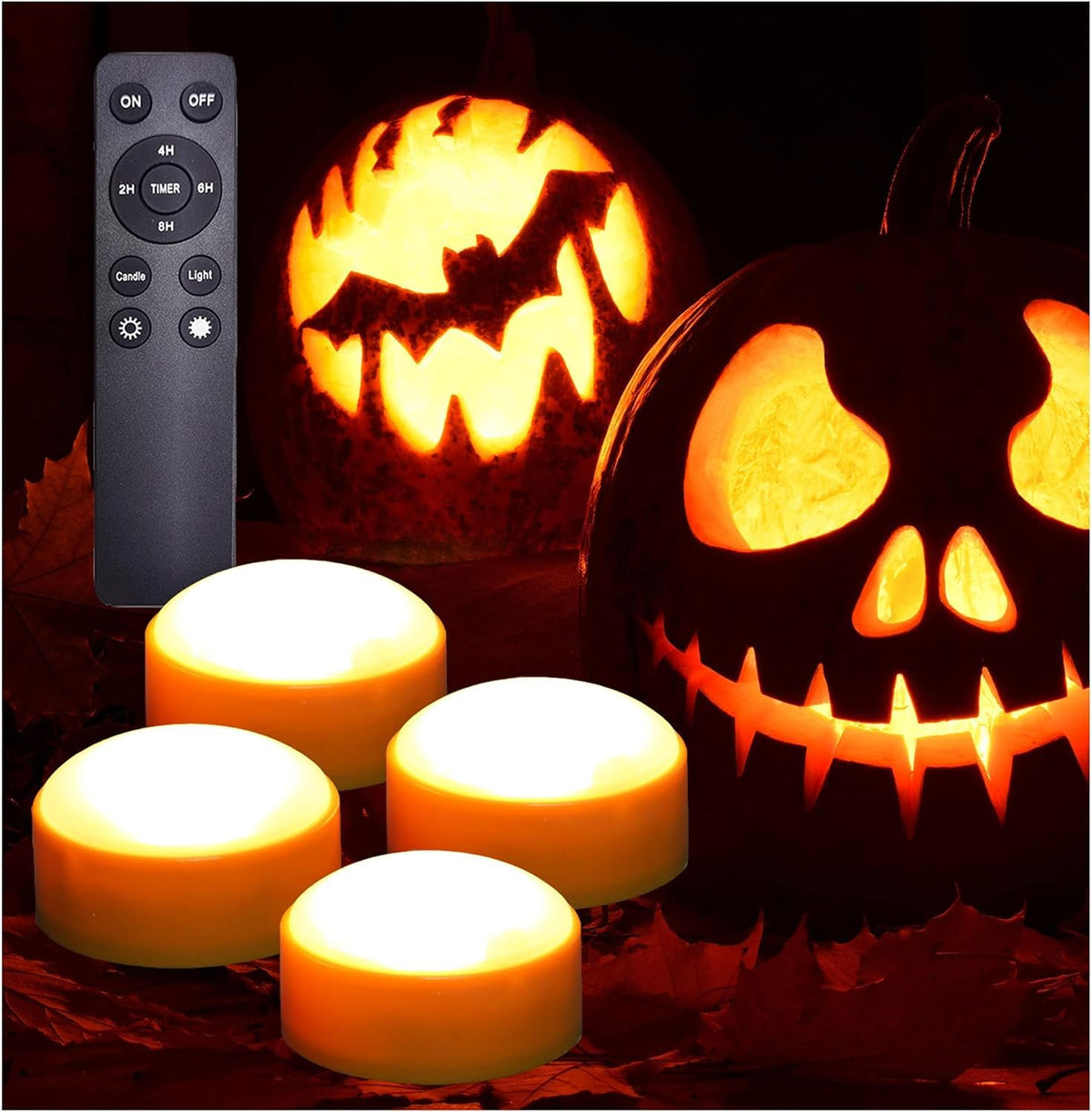 iZAN 4 Pack Orange Halloween Pumpkin Lights Battery Operated LED Bright Flickering Flameless Candles with Remote and Timer for Pumpkin Décor Jack-O-Lantern Halloween Party Home Decorations