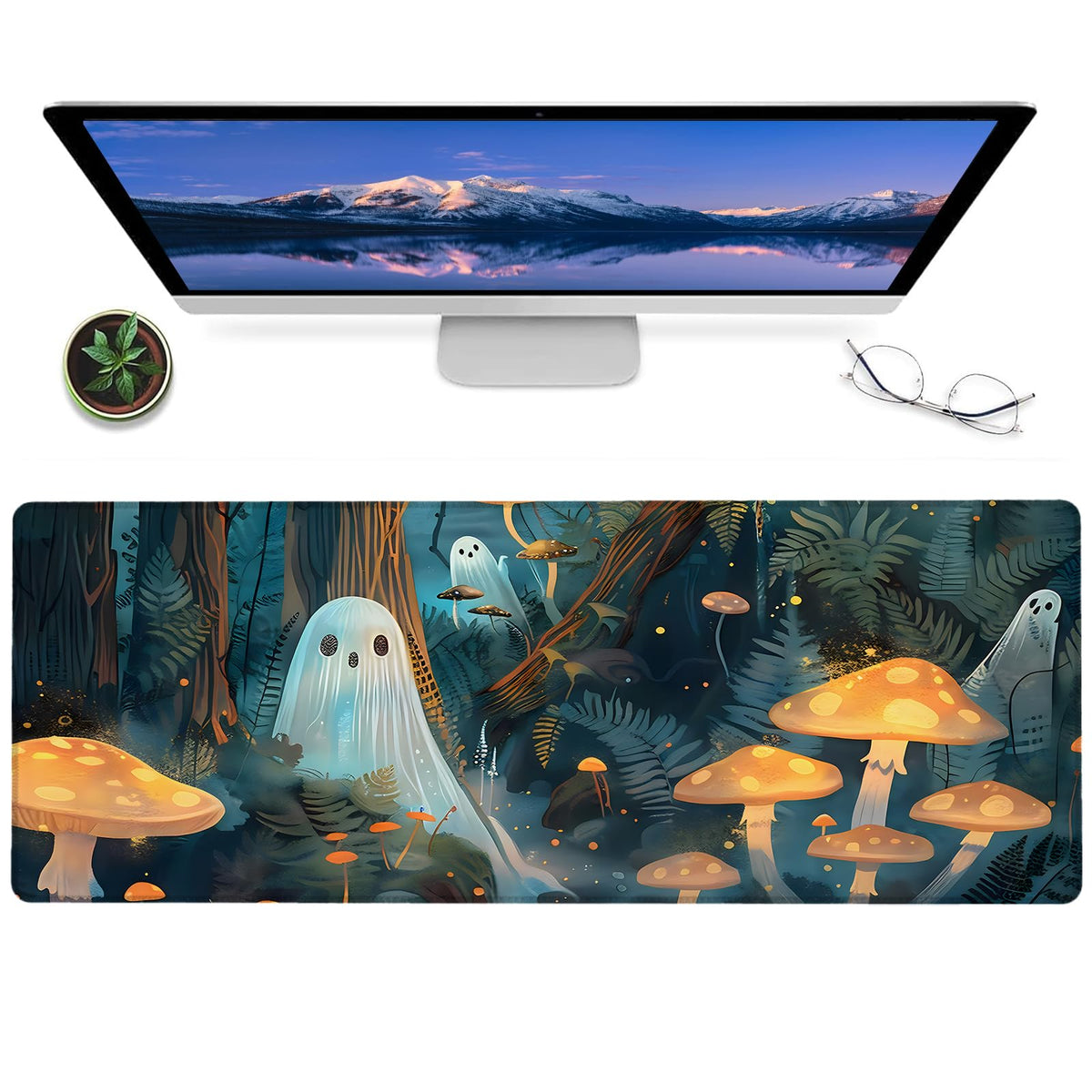 ainori Enchanted Forest Ghost Gaming Mouse Pad – 12x31.5in Non-Slip Rubber Desk Mat with Mystical Mushroom Design – Large Extended Mousepad for Office Home – Gift for Fantasy & Halloween Decor