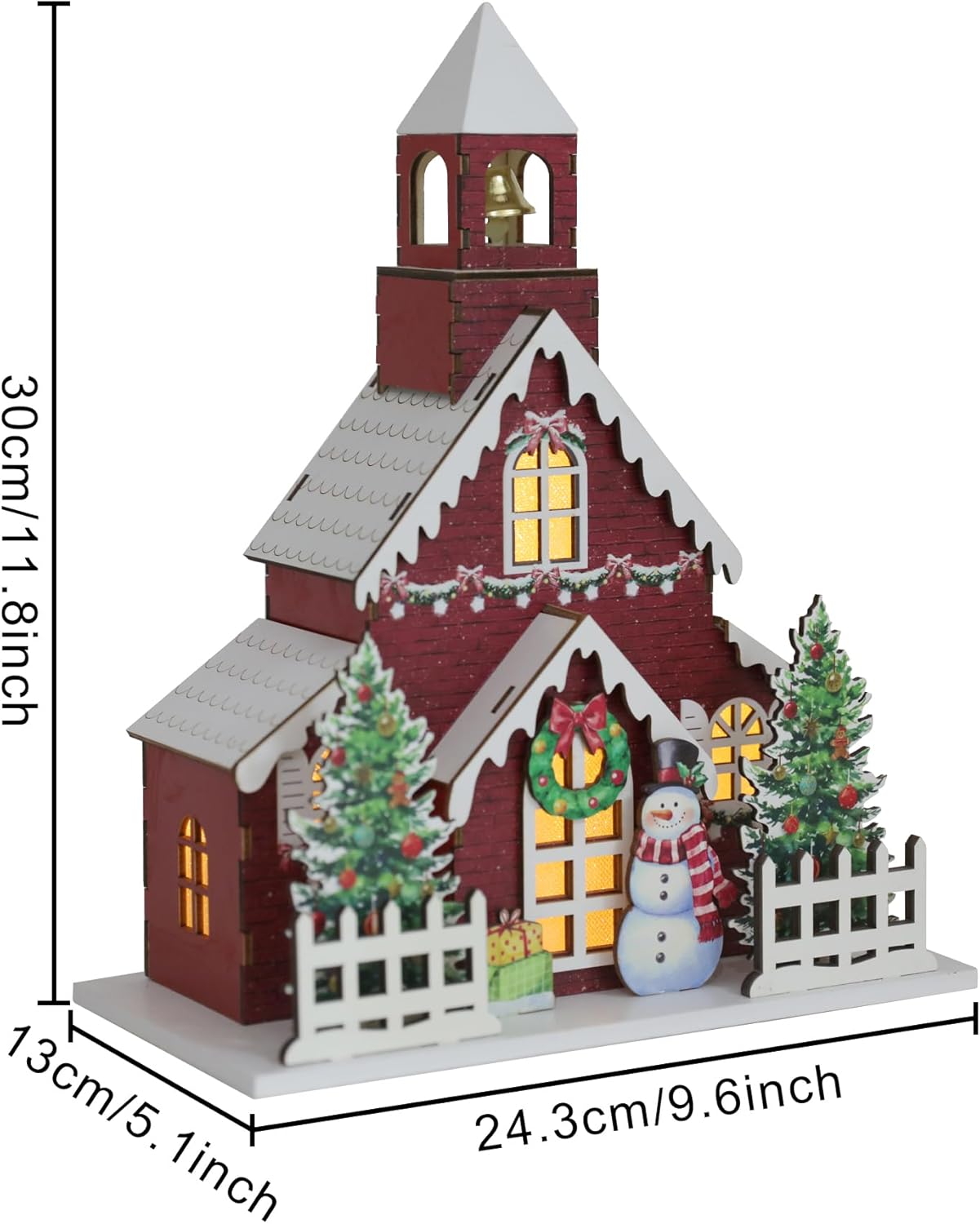 Skiennix Wooden Lighted Christmas Church Decor - 11.8" LED Village Chapel with Bell Tower | Battery Operated Rustic Tabletop Centerpiece for Holiday Home Decor