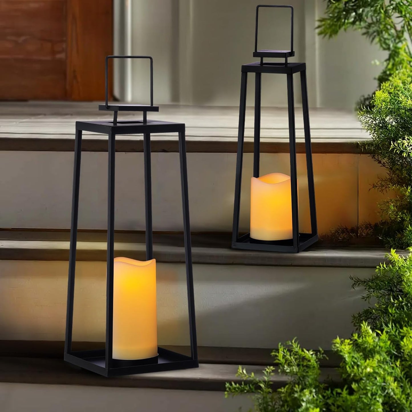 Skiennix Solar Lantern Set of 2 - Modern Black Metal Lanterns with Solar Candles for Outdoor Decor | 18” & 15”
