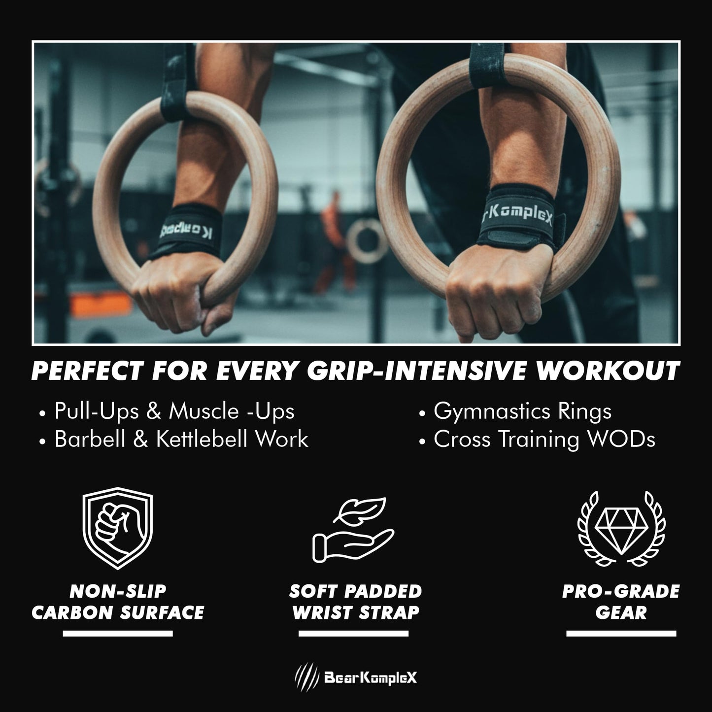 Bear KompleX - Premium Hand Grips for Fitness & Gymnastics, No-Slip Pull Up Grips for Weight Lifting, Strength Training, and Bar Work, Palm Protection with Padded Wrists, Carbon No-Hole Design - Large