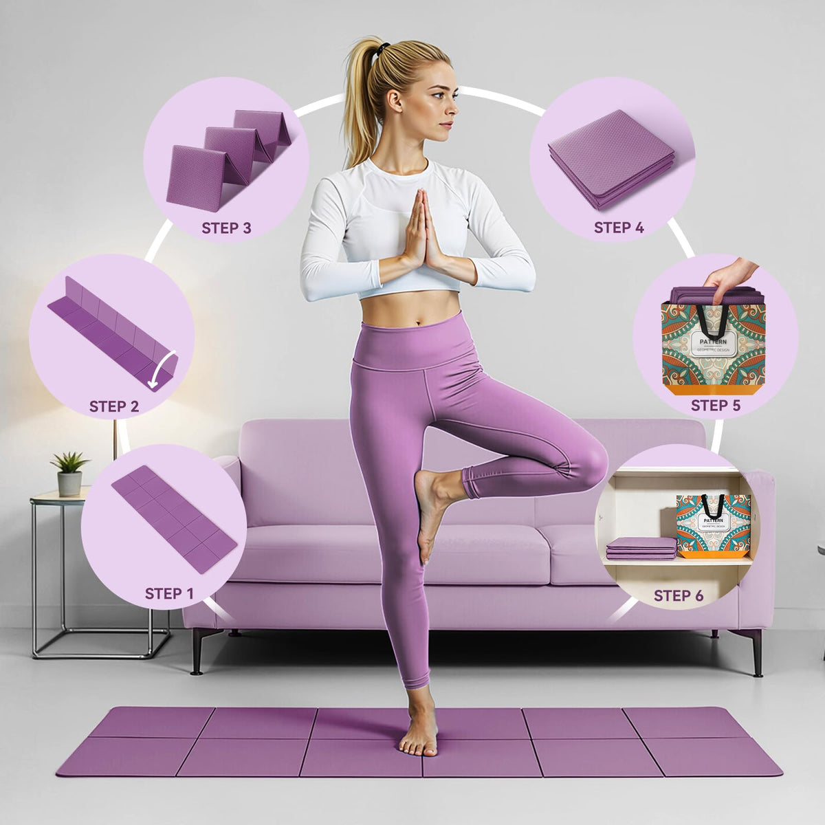Foldable Yoga Mat Thick Non-Slip Exercise Mat - Packable Travel Fitness Mat with Carrying Bag for Yoga, Pilates, Workout, Home & Gym (purple)