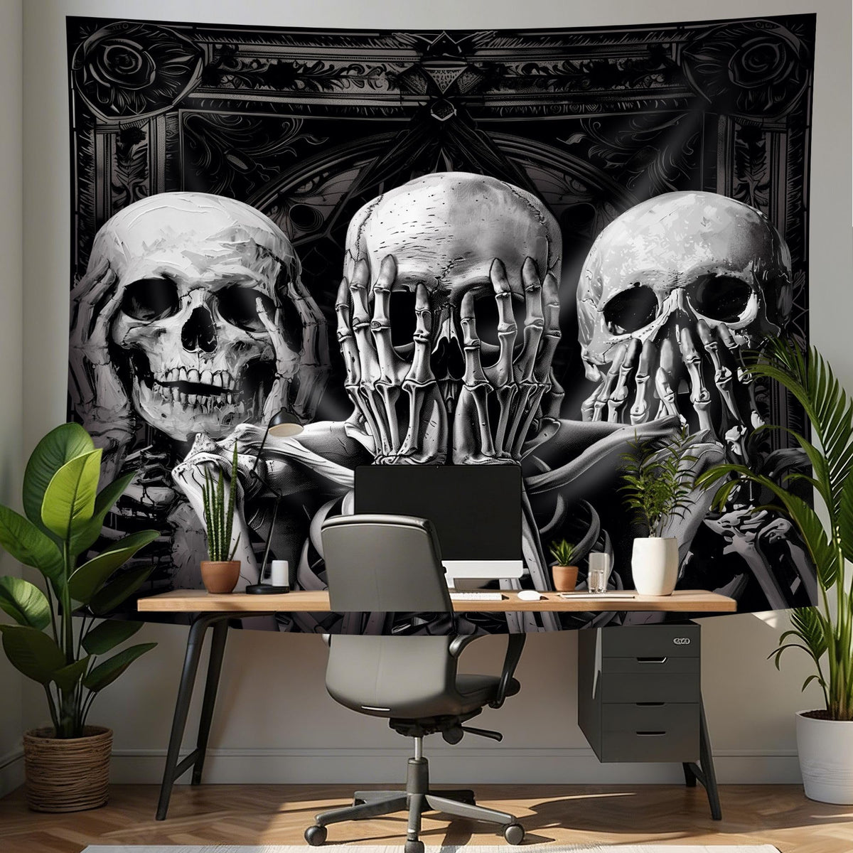 Mitpok Gothic Skull Tapestry Large Spooky Black Skeleton Goth Witchy Vinatge Funny Hilarious Cool Unique Wall Decor 71Hx91W Inch Halloween Wall Art Hanging Bedroom Living Room Dorm Wall Home Decor