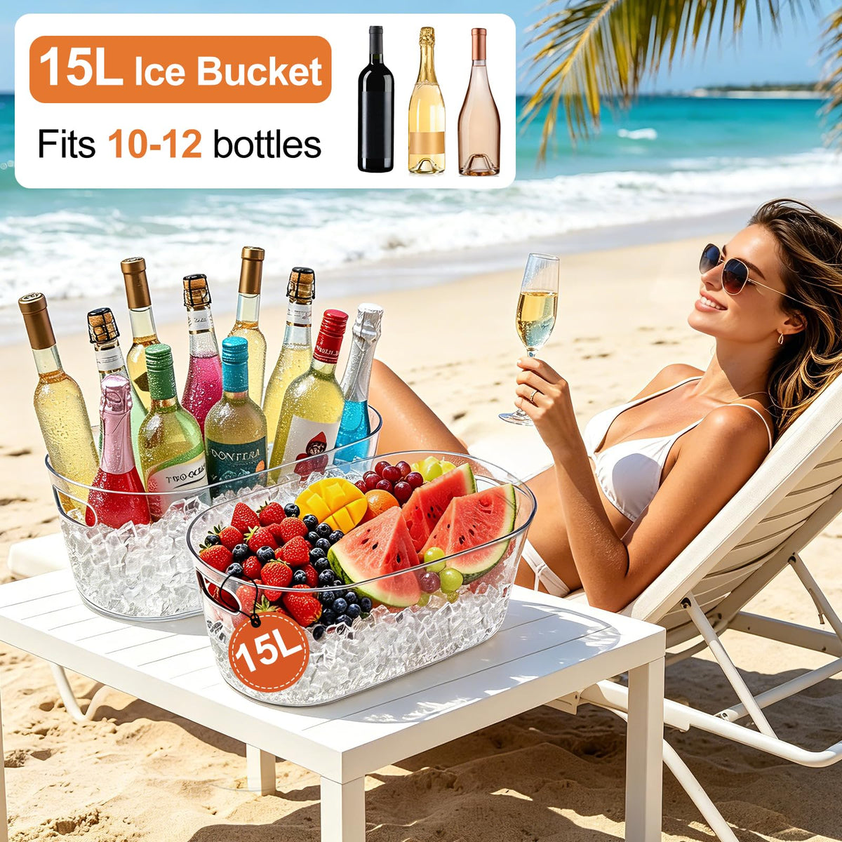 15L Large Ice Buckets for Parties, 2 Pack Champagne Ice Buckets, Portable Beverage Tub with Scoops for Champagne Beer Drink Wine Cocktails for Mimosa Bar Party Supplies