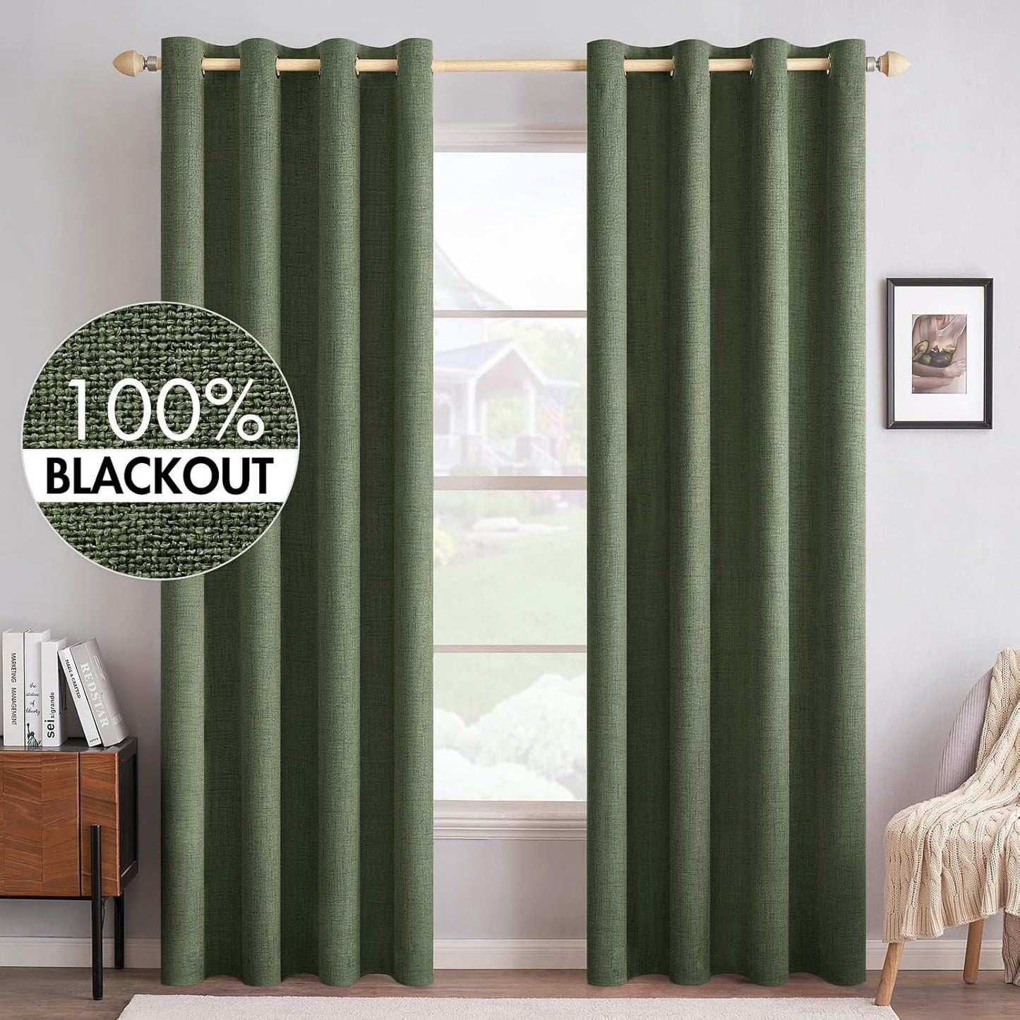 MIULEE Blackout Linen Textured Curtains - Thermal Insulated Olive Green Drapes | 52 x 84 Inch (2 Panels)
