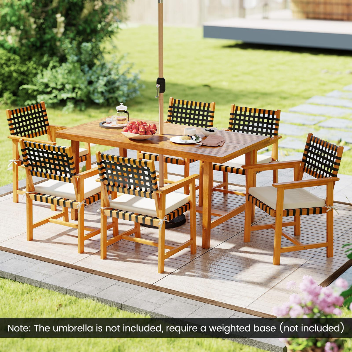 Tangkula 7 Piece Patio Dining Set for 6 People, 63” Outdoor Rectangular Acacia Wood Table with 1.97” Umbrella Hole & 6 Armchairs with Padded Seat Cushions, for Deck Yard and Poolside
