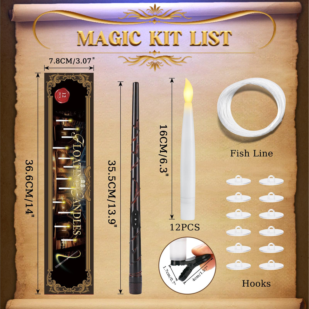 Halloween Decorations - Floating Candles with Wand & 6-Hour Timer - Flameless LED Hanging Candles with Clip, Battery Operated Window Taper Candle for Indoor/Outdoor Halloween & Holiday Decor 12PCS