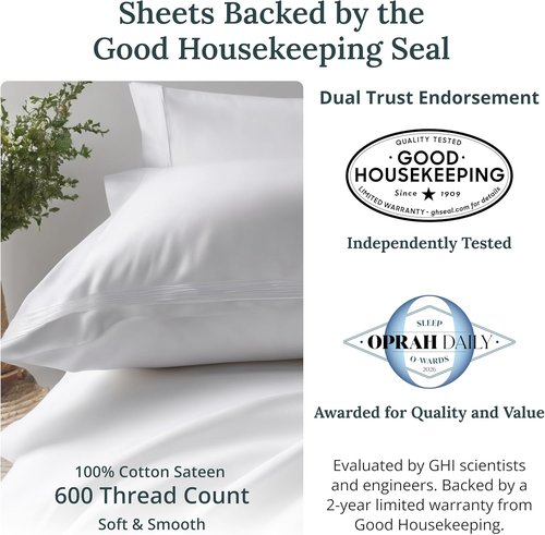 California Design Den Queen Sheet Set - Luxury 600 Thread Count Sateen, 100% Cotton, Deep Pocket - White