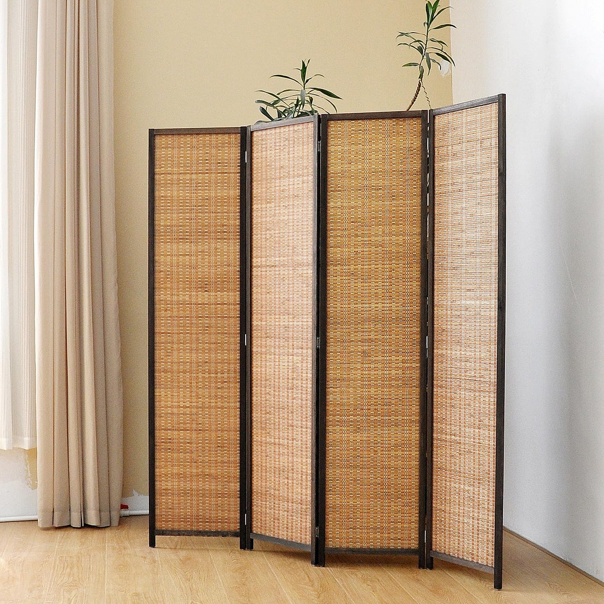 Pawlabay 4 Panel Bamboo Room Divider Screen,5.6 FT Tall Bamboo Divider Folding Panel Screen,Freestanding Panel Divider for Room Seperation,Brown