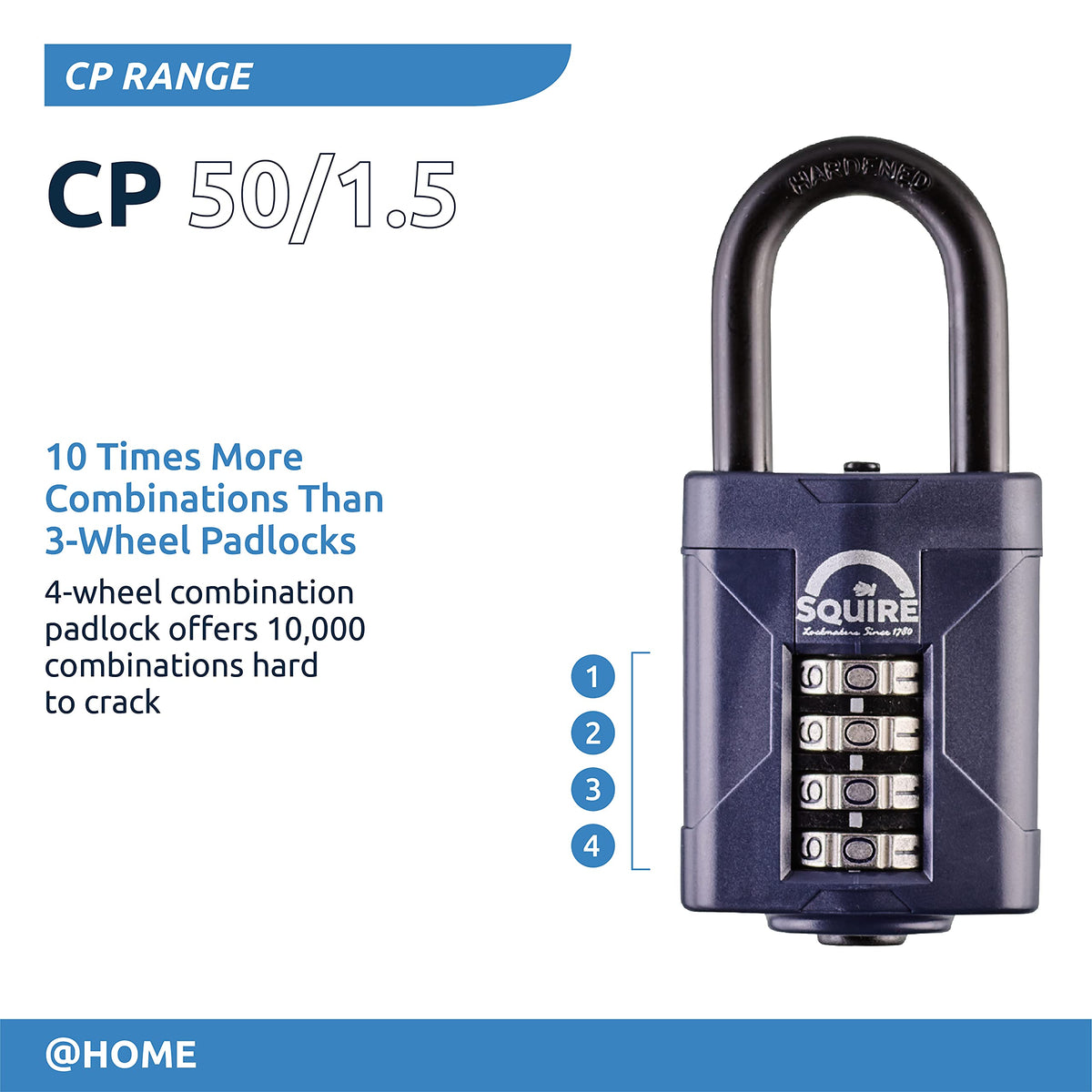 Squire Combination Padlock. Weatherproof Hardened Steel Shackle Recodable Padlock. (4 Wheel - 50mm Long Shackle (1.5"))