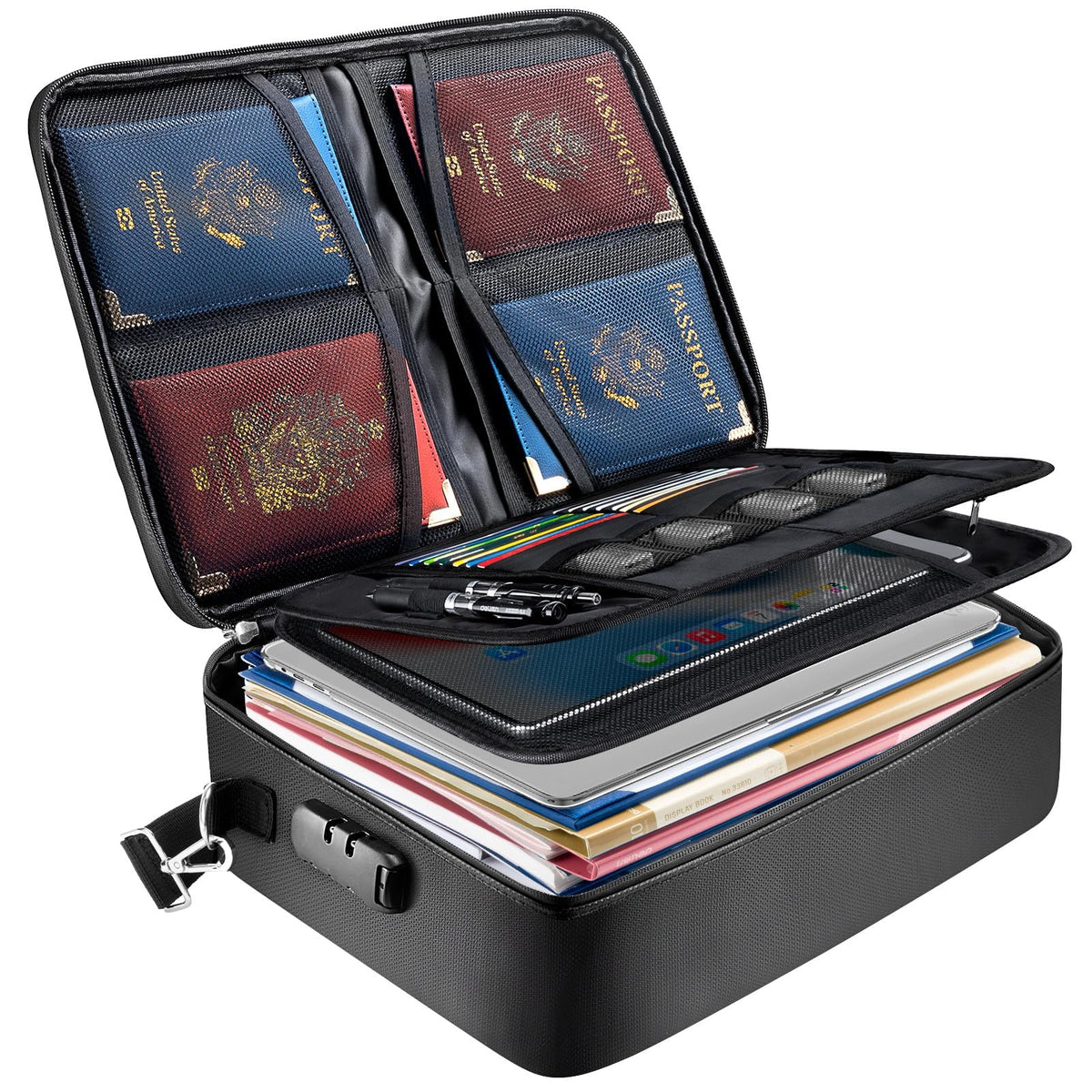 BALEINE Fireproof Document Box with Lock, Portable Fireproof Document Bag Waterproof Fire Proof File Boxes for Documents, File Organizer Box for Important Paperwork (Black, 15''x11''x4'')
