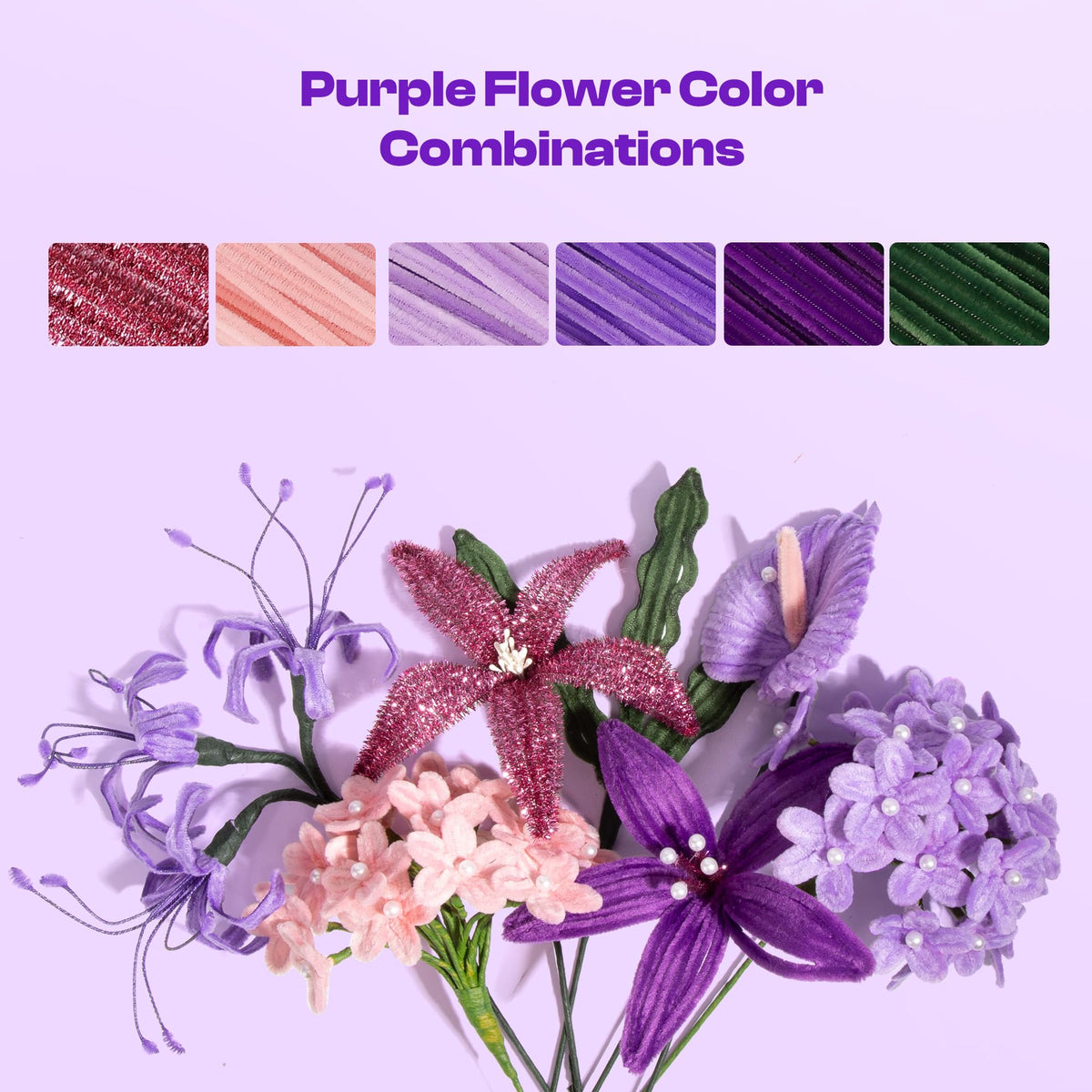 Caydo 700PCS Pipe Cleaner Flower Kit, Purple Craft Chenille Stems Bulk with Floral Wires, Ribbons, Tapes, Stamens, Glue Sticks for Making Pipe Cleaner Bouquets