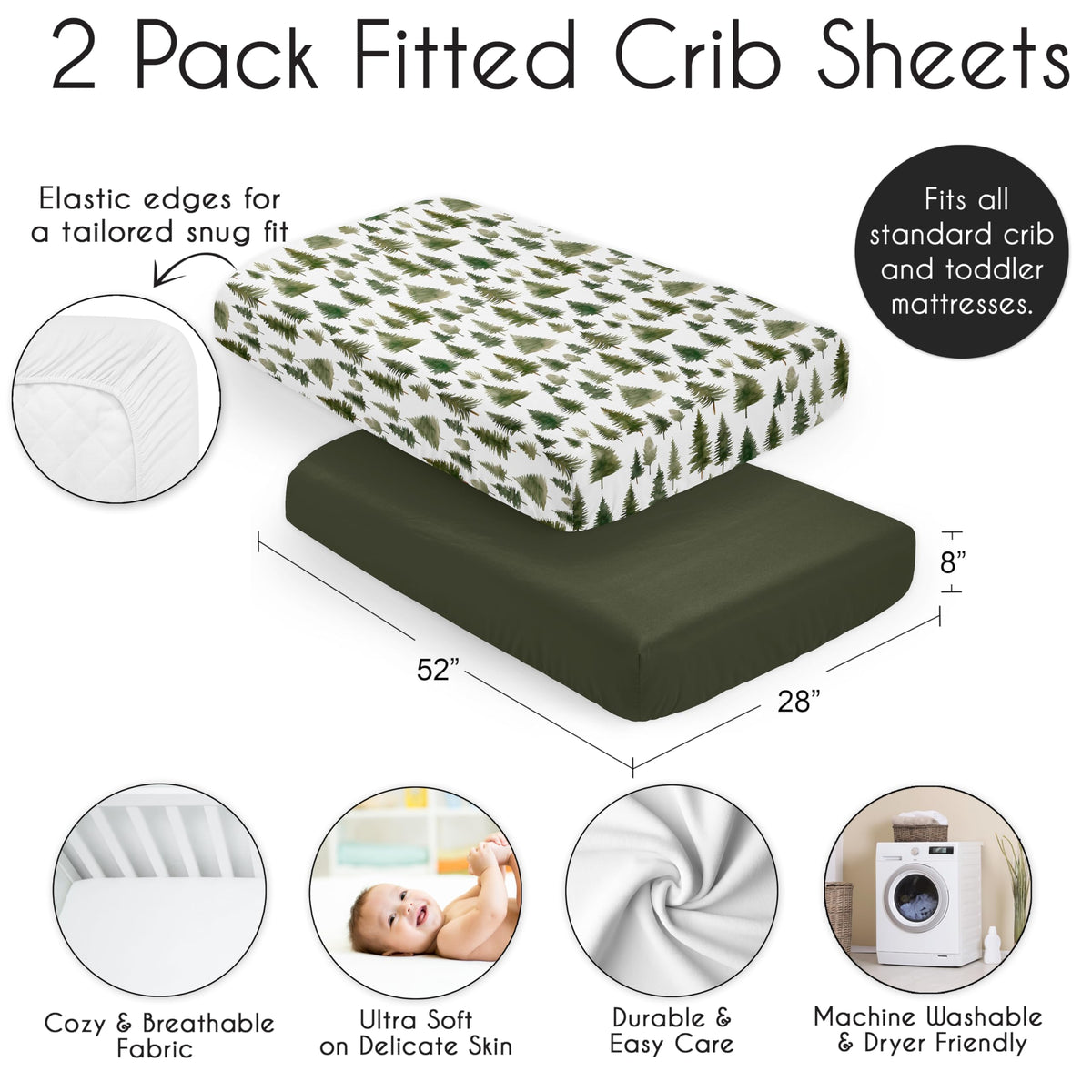 Sweet Jojo Designs 2-Piece Baby Crib Sheets Set (Green Woodland Tree) for Boys or Girls, Infant Nursery, Toddler Room - Standard Size (Neutral, Solid, Forest Pine Trees, Wilderness, Christmas Fir)
