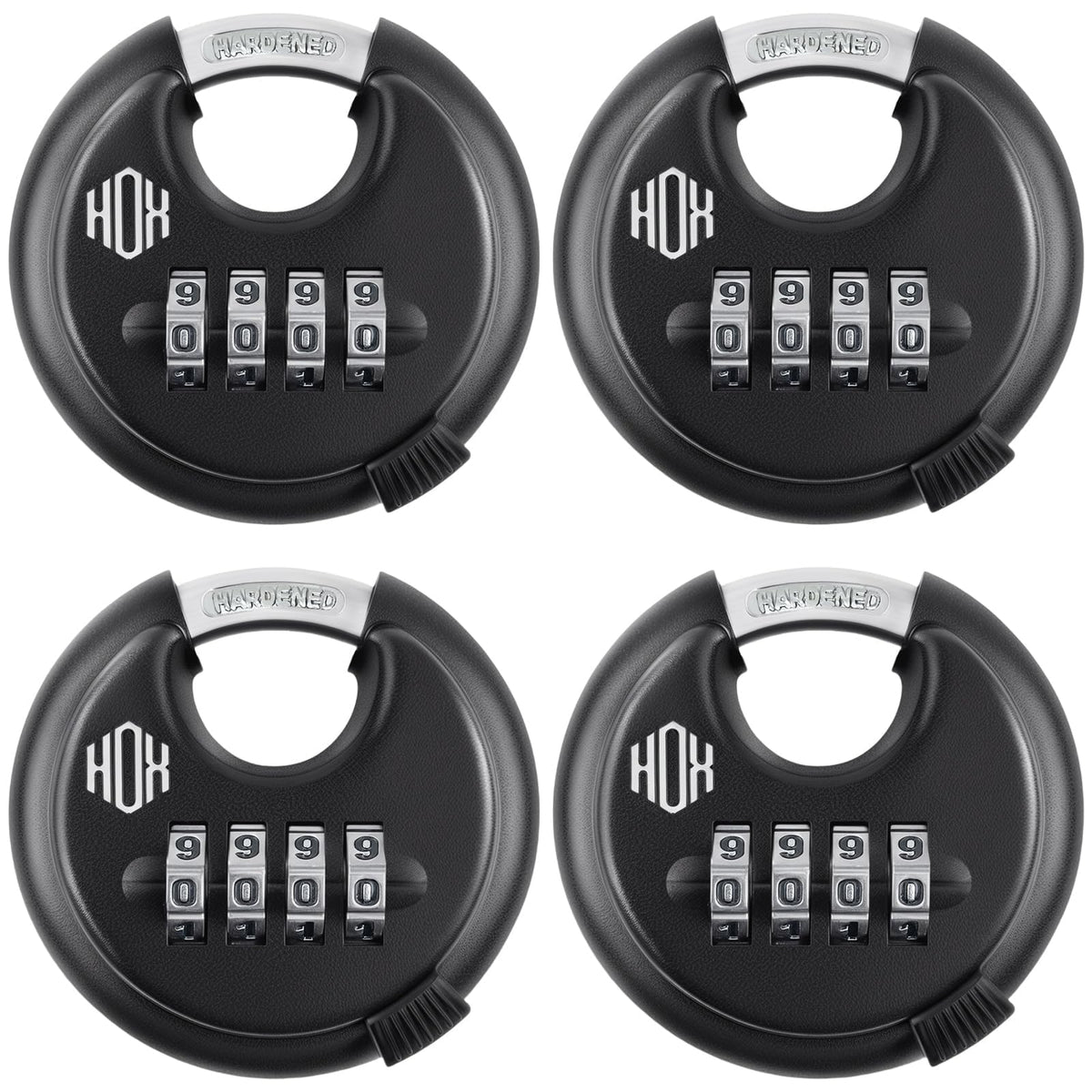 HOX Combination Lock, 4 Digit Disc Padlock with 3/8 Inch Hardened Steel Shackle, 2-3/4 Inch Zinc Alloy Wide Body, Keyless Heavy Duty Combo Lock for Hasp Latch, Sheds, Fences, Storage Locker (4 Pack)