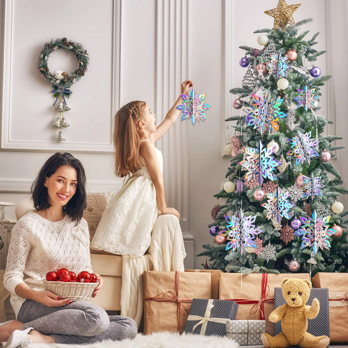 JULMELON 15Pcs Frozen 3D Hanging Snowflakes Decorations, Holographic Snowflakes Garland Silver Snowflakes for Winter Wonderland Decorations Frozen Birthday Party Supplies