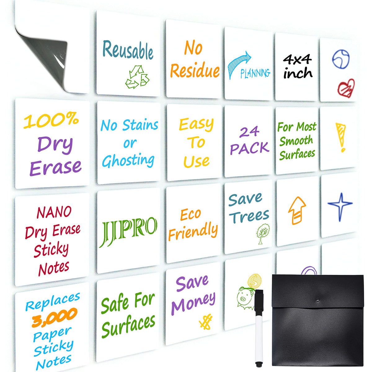 Dry Erase Sticky Notes. Reusable Whiteboard Stickers 4"x4" - 24 Pack. Suitable for All Smooth Surface. Great for Labels, Lists, Reminders and Decals. Washable, Removable