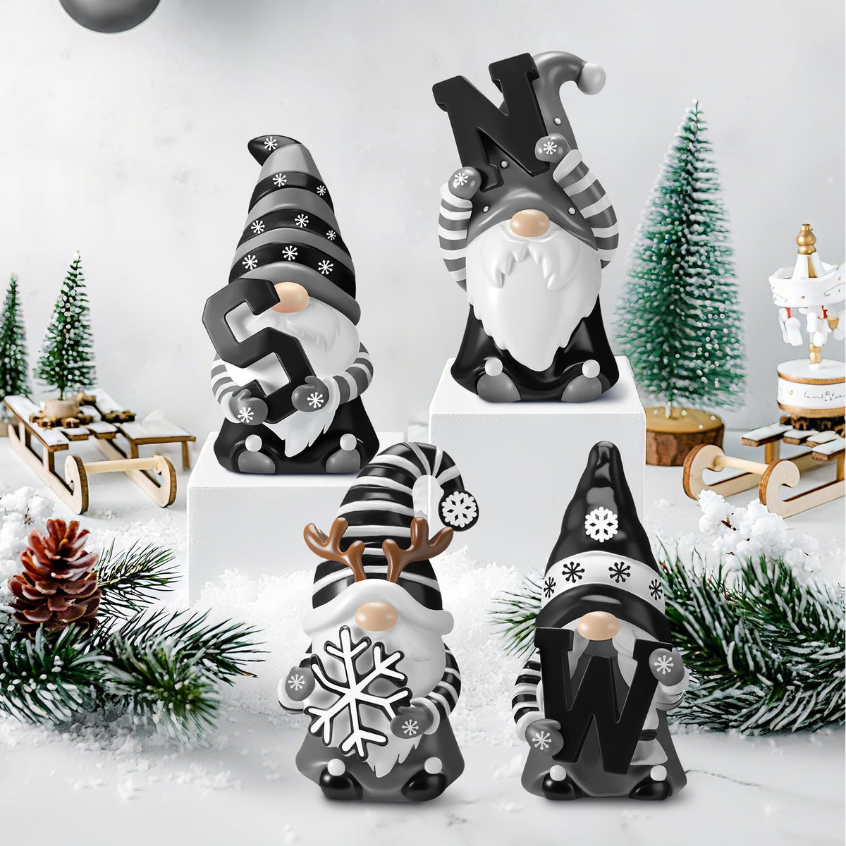 ShinyRelief 4 Pcs Winter Figurines Resin Gnome Tabletop Snowflake Antlers Sculpture Decoration Winter Black White Centerpiece for Home Dining Room Party Supplies Gifts Decor