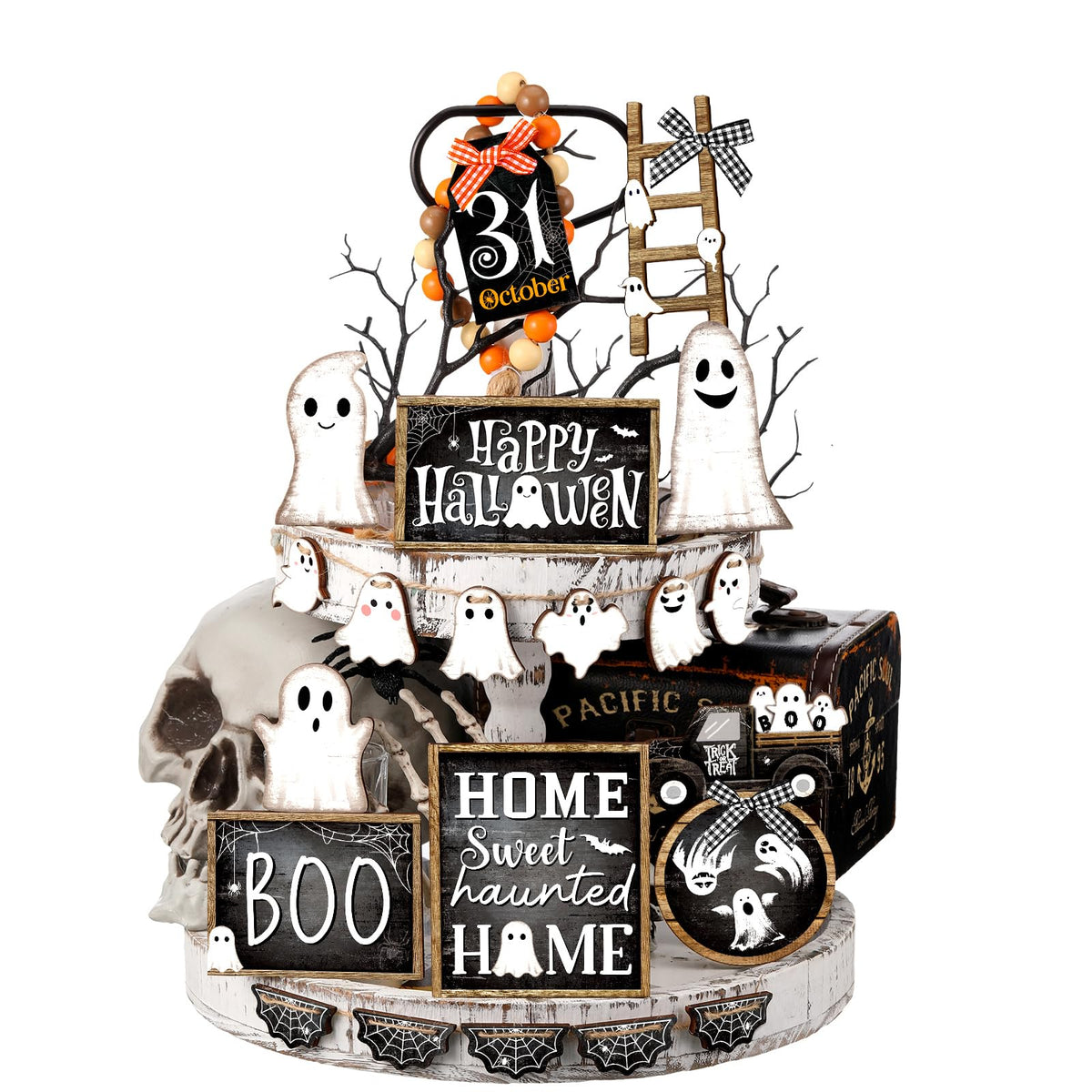 MiniInflat 1 Sets Halloween Tiered Tray Decor Set Happy Halloween Wooden Signs Rustic Table Centerpieces Farmhouse Decor for Home Table, Tray Not Included(Ghost,Black White)