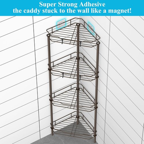 HuggieGems 4-Tier Floor Standing Corner Shower Caddy Organizer - Bronze Bathroom Shelf with Hooks