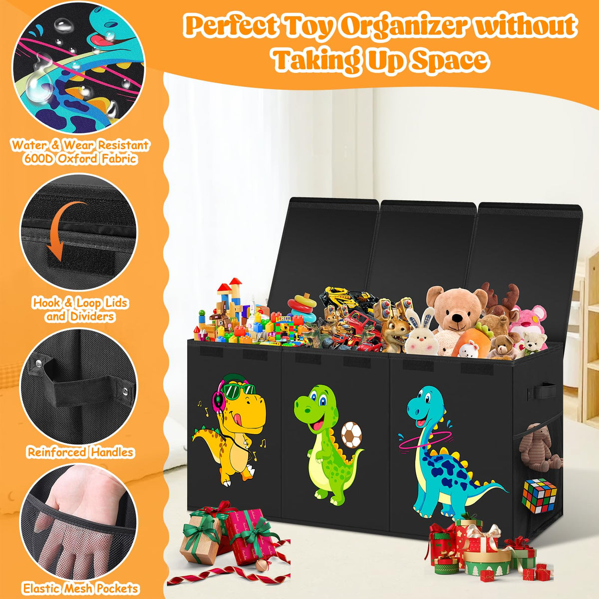 Beadsky Extra Large Toy Box, Collapsible Toddlers Toy Chest Kids Storage Organizer, Dinosaur Bin Boxes Storage Basket with Lids for Boys, Girls, Living Room, Nursery, Playroom, 40"x14"x16", Black