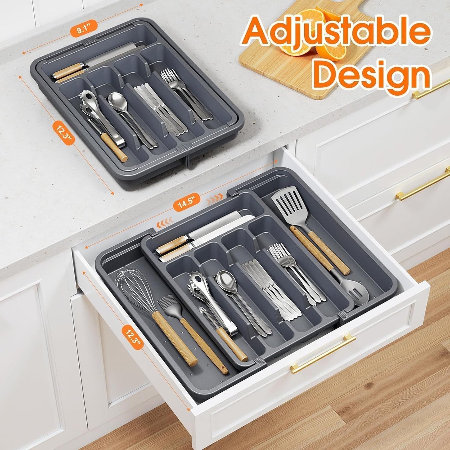 SpaceHacks Silverware Organizer - Adjustable & Expandable Utensil Holder | BPA-Free Cutlery Tray in Medium Grey