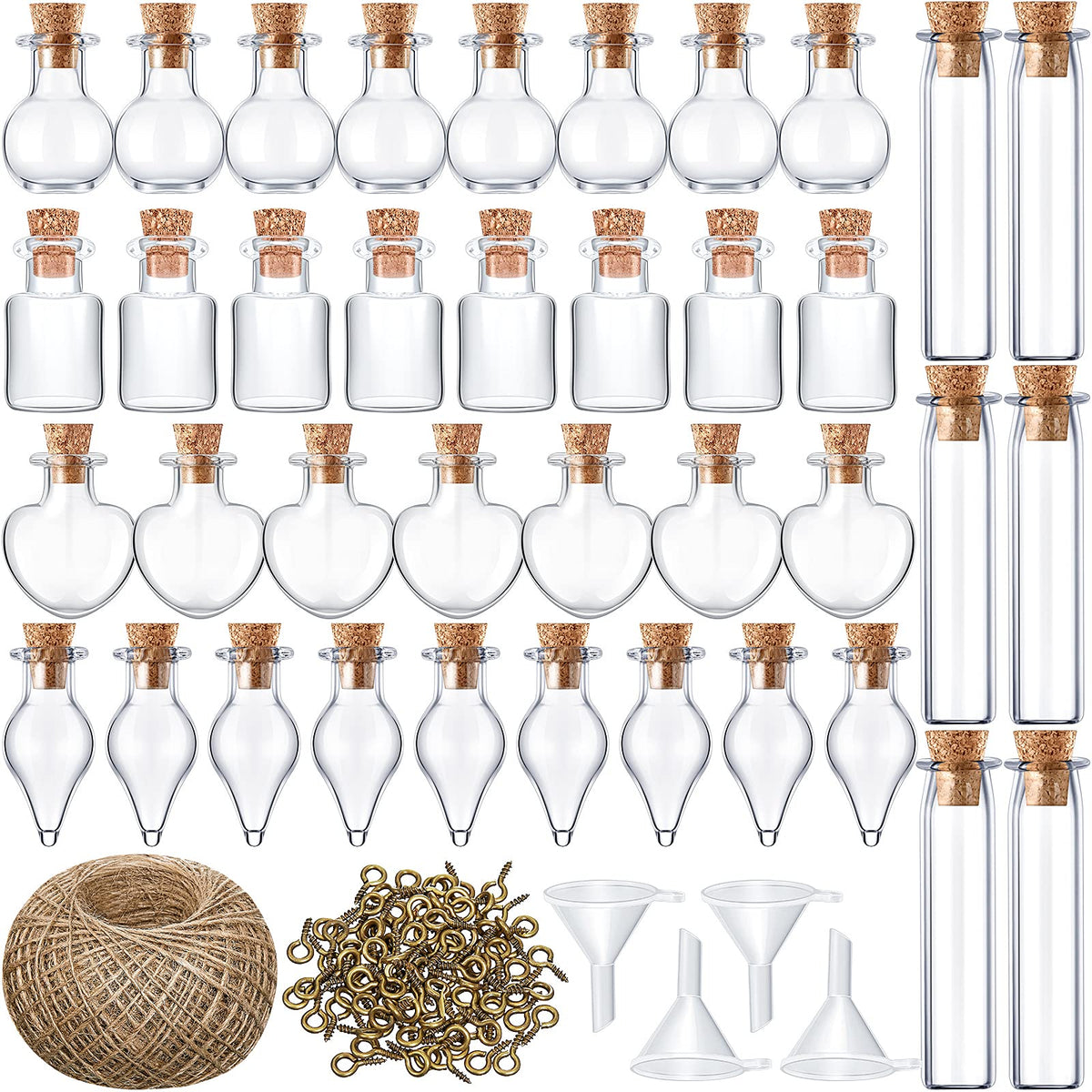 Geiserailie 50 Pieces Small Tiny Glass Spell Jars Bottle with Cork Stopper Witchy Gifts Witchcraft Supplies Wishing Bottles with Eye Screws Funnel Rope for DIY Crafts(Transparent, Style A)