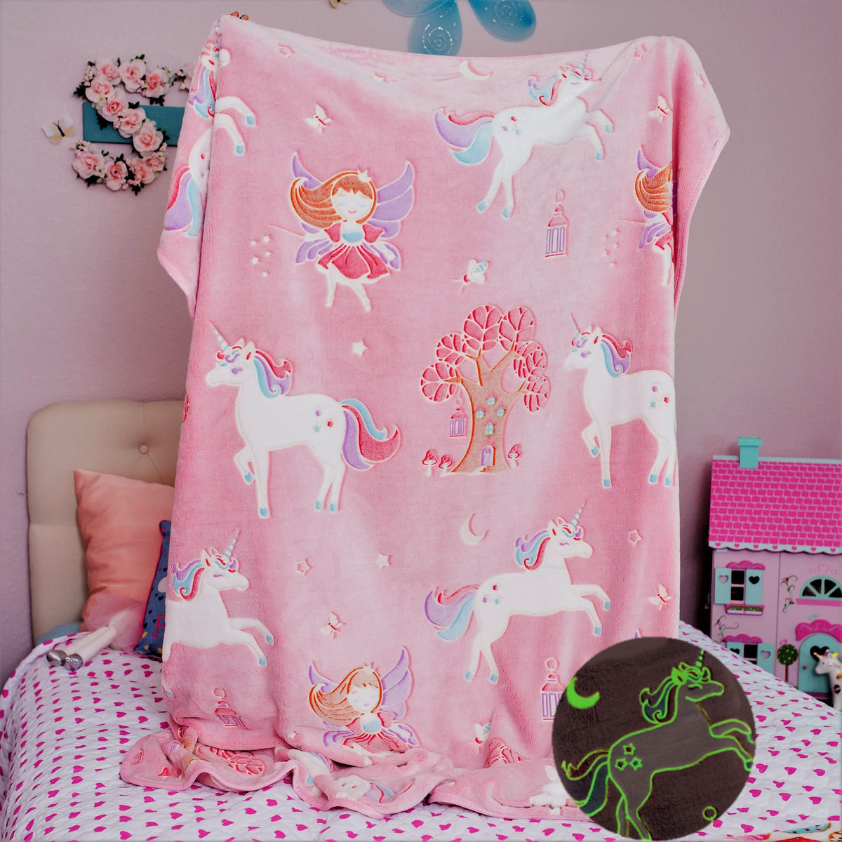 Glow in The Dark Unicorn Blanket for Girls – Soft Pink Fleece Throw. Great Christmas, Birthday, Baby, Toddler Unicorn Gifts for Girls, Fairy, Butterfly, Stars. Bright Long-Last Glow