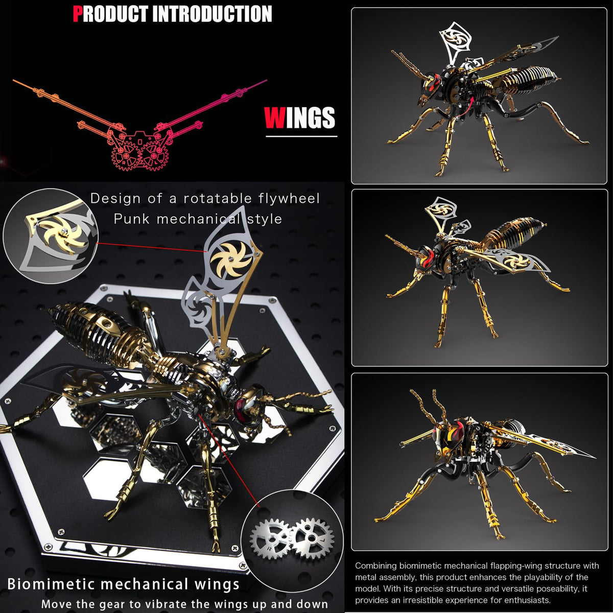3D Metal Wasp Puzzles for Adults, Black Model Kits Mechanical Building Blocks, Difficult DIY for Assembly Gifts for Men