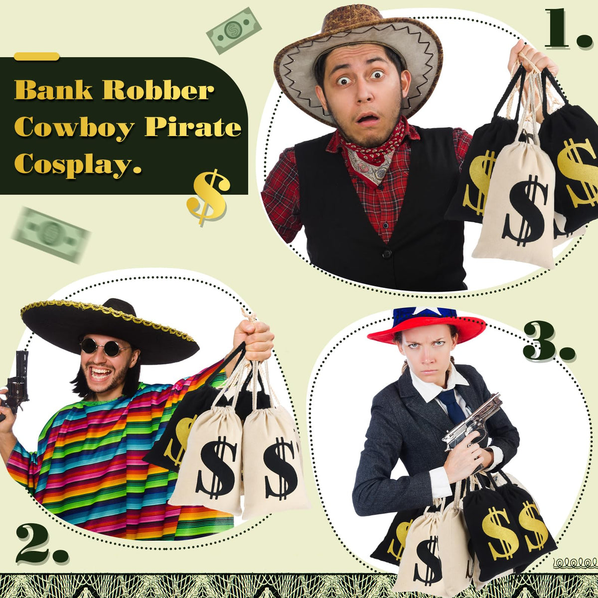 Shihanee 24 Pcs 9 x 6.3 Inch Canvas Money Bag with Drawstring Closure Costume Money Bag Pouch Dollar Sign Carrying Sack Prop for Party favor Bank Robber Pirate Cowboy Cosplay Theme Party (Beige,Black)