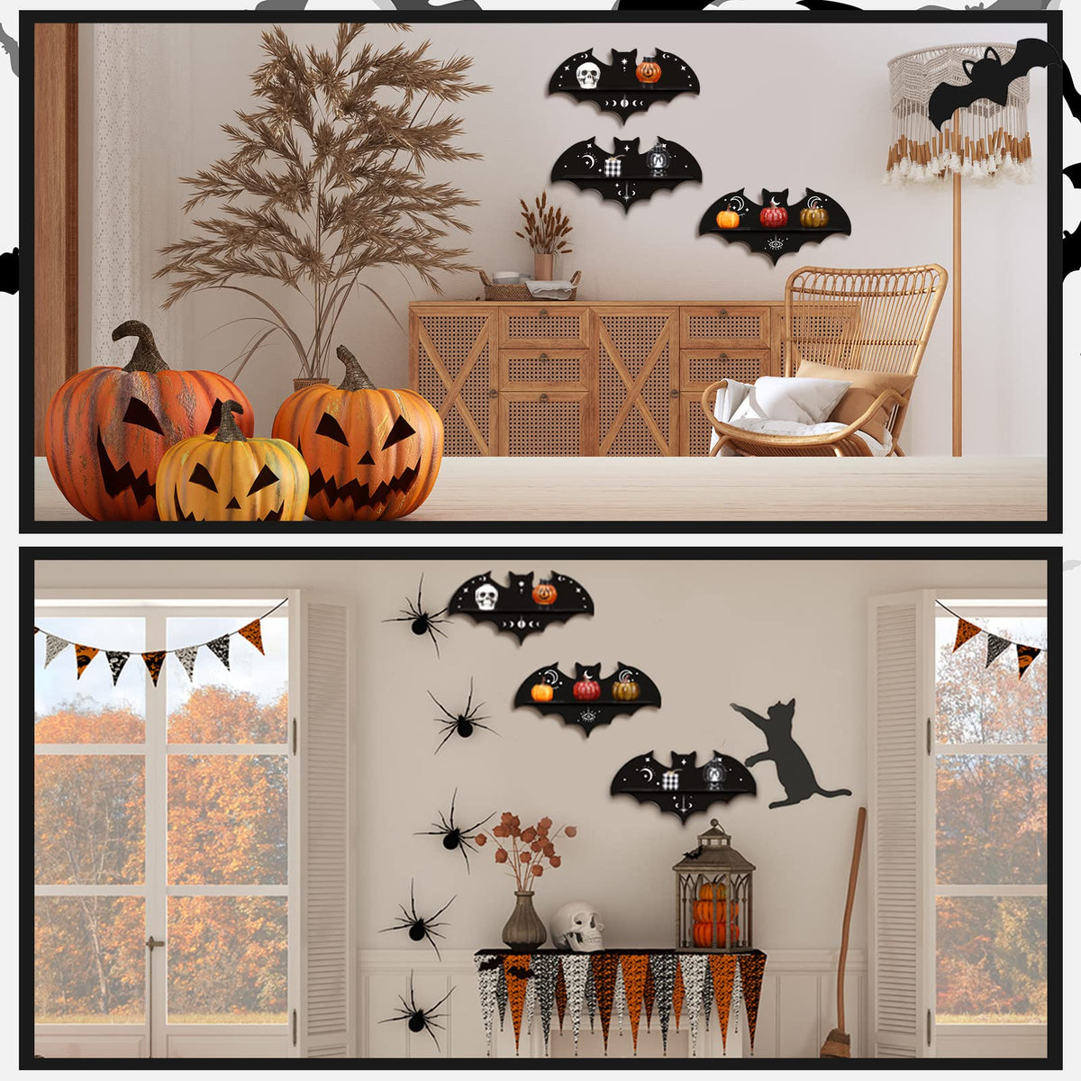 Geetery 3 Pcs Bat Floating Wall Shelf Black Gothic Wall Shelves Decor 15.74 Inch with Hooks for Halloween Party Living Room Bedroom Kitchen Bathroom