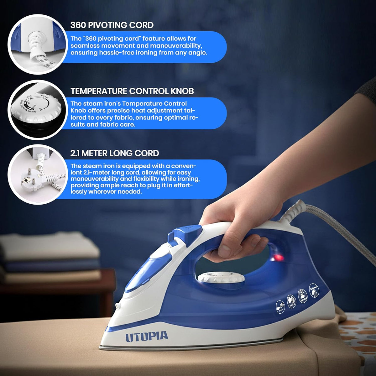 Utopia Home Steam Iron - 1200W Non-Stick Soleplate Clothes Iron with 2.3m Cord & Adjustable Thermostat | Blue