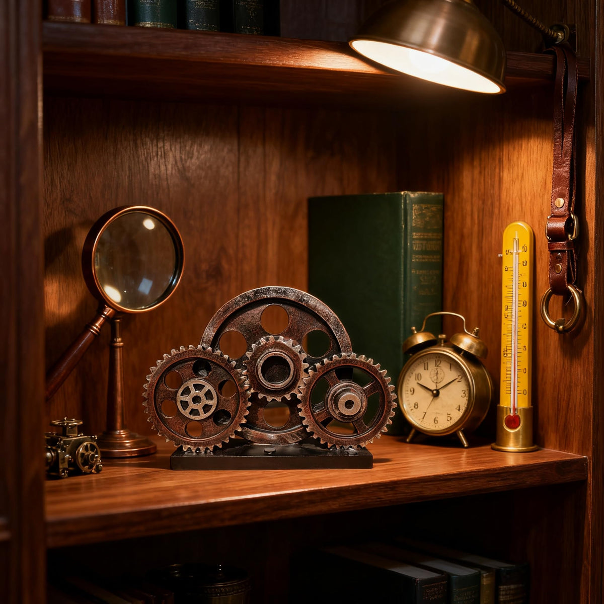 FMTITF Antique Copper Steampunk Gear Train Sculpture, Industrial Decor Statue for Bookshelf, Heavy Duty Resin Figurine with Mechanical Gears, Home Office Decor Gift for Men, Man Cave Collectible Art