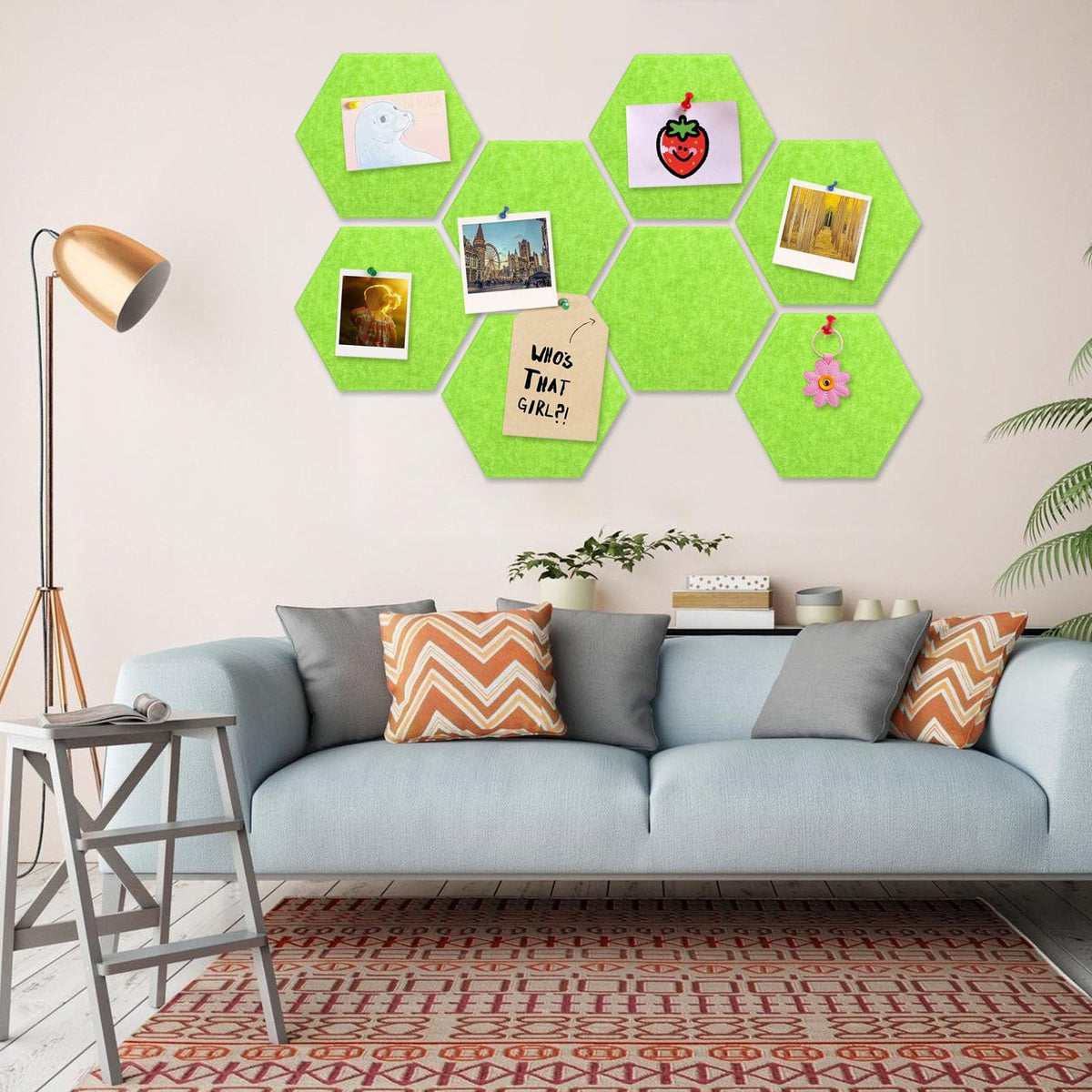 8 Packs Fluorescent Green Hexagon Felt Pin Board, 12" Bulletin Board with 30 Push Pins, Felt Board for Home Kitchen Office Decor, Self-Adhesive Corkboard Tiles for Walls Message Photos Memos Display