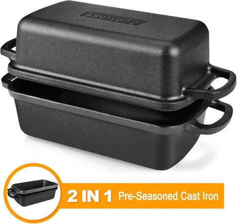 Cast Iron Bread Pan with Lid by [Brand Name] - 2 in 1 Loaf Bakeware for Sourdough & Sandwich Bread - 9×5 Inch Heavy Duty Design
