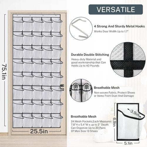 Hualleko Over The Door Shoe Organizer - Large Capacity Mesh Pocket Rack for 20 Pairs (White)