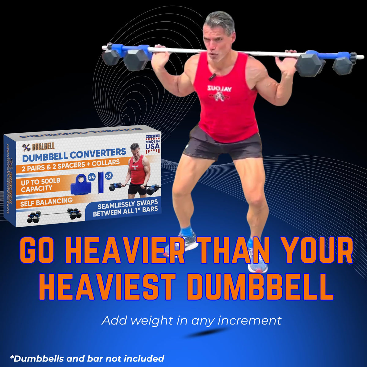 Dualbell Dumbbells to Barbell Converters- Quick Setup Dumbbell Connectors, 500lb Capacity Barbell Adapters, Secure Fit, Quick Setup, Fits 1" Bars, Home Gym Equipment, 2 Pairs w/Black Weight Collar