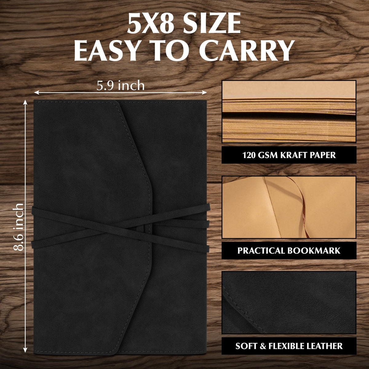MINICAGIE Vintage Journal for Women Men Leather Bound Junk Journal Notebook 160 Pages Scrapbook Book of Shadows Journals for Writing Diary Travel Journaling Sketching, 5.9x 8.6 in, Soft Cover, Black