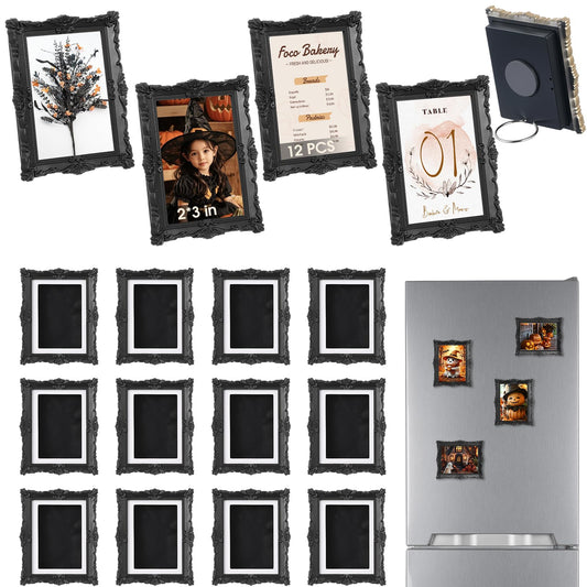 Wonderjune 12 Pcs Mini Vintage Magnetic Picture Frames for 2"x3" Picture Bulk, Small Wallet Size Fridge Photo Frame Antique Embossed Halloween Decorative Table Locker DIY Crafts Pictures Holder Gifts