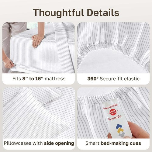 California Design Den Queen Size Bed Sheets Set - 100% Cotton, 400 TC, Smooth Sateen Finish, Deep Pockets - Pinstripe