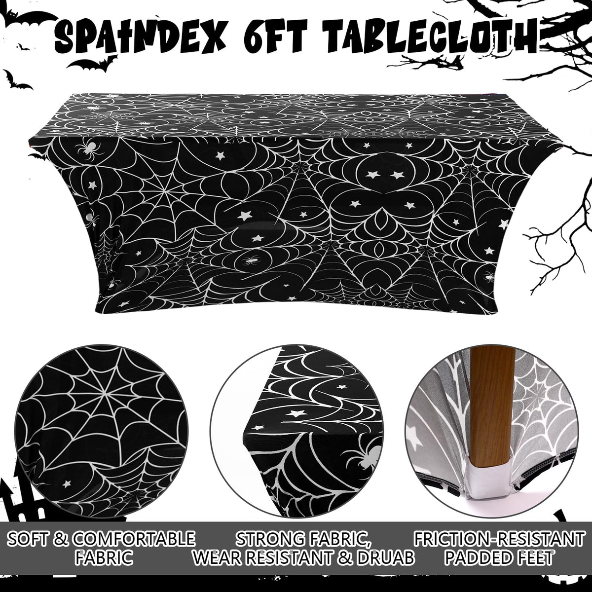 Oudain 2 Pcs Halloween Stretch Table Cover 6 Feet White Black Spider Web Spandex Table Clothes Gothic Spider Cobweb Scary Party Decorations for Halloween Home Decorations Party Celebration