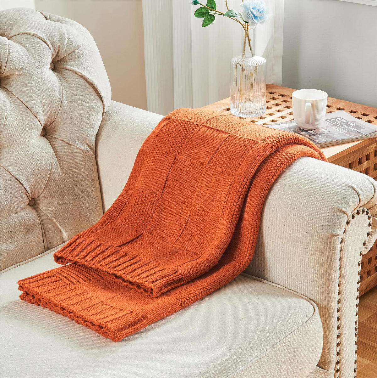 CozeCube Check Knit Throw Blanket, Rust Orange Checkered Throw for Couch, Decorative Christmas Soft Cozy Warm Knitted Blanket for Bed Sofa Living Room, 50"X60"