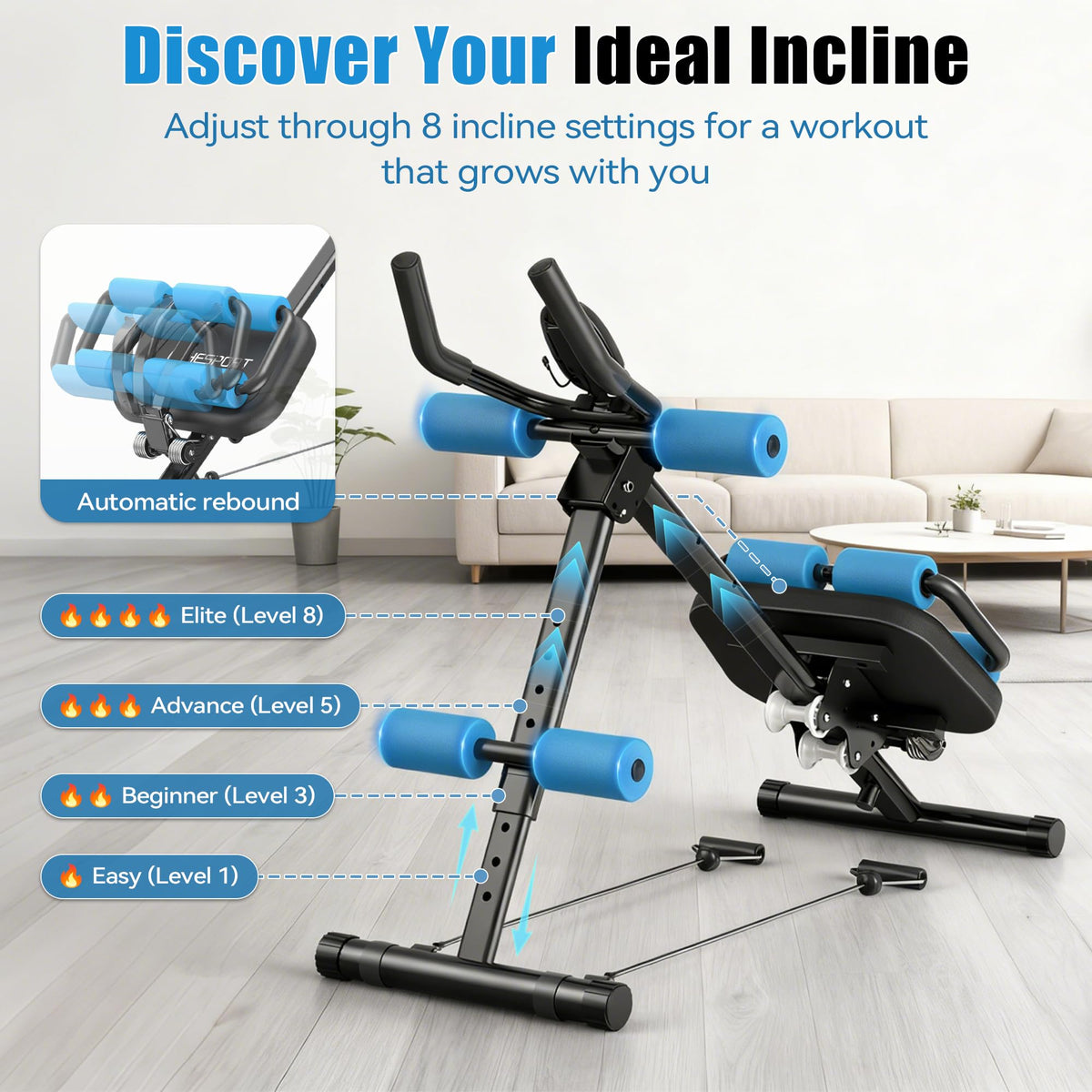 EPHESPORT Multifunctional Ab Machine, Adjustable Ab Workout Equipment, Ab ＆ Sit Up Machine for Stomach Workout, Foldable Abdominal Trainer With Knee and Back Protection, Full Body Workout for Home Gym (Blue)