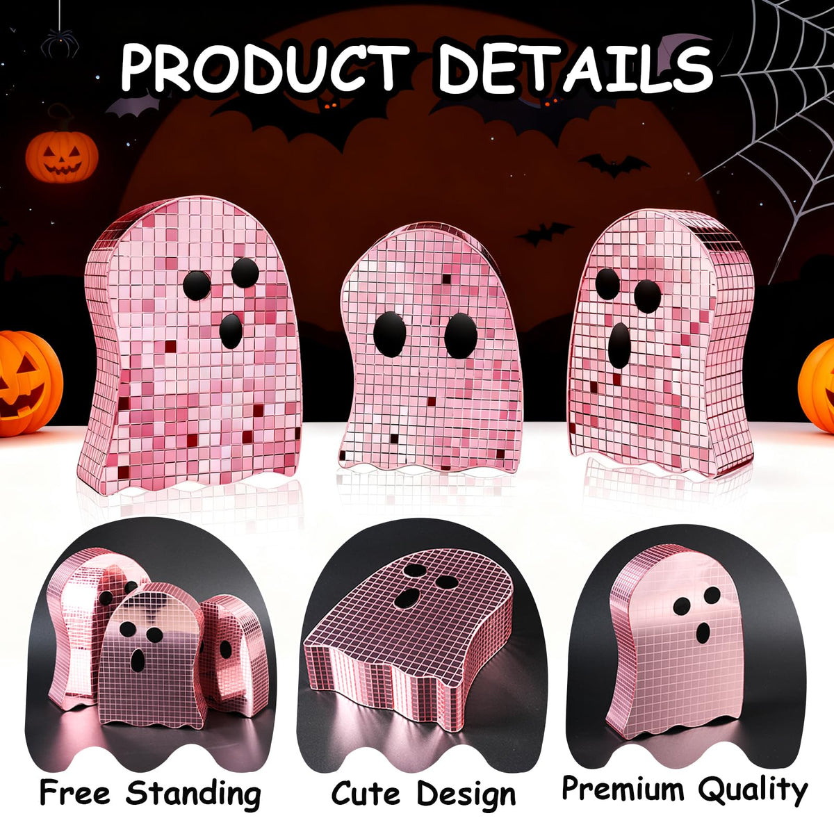 Sel Natural 3 Pcs Halloween Disco Ghost Decor,5.9" 7" 8.2" Ghost Mirror Disco Ball Indoor Glitter Spooky Ghost Sign Halloween Tiered Tray Decor Mosaic Table Centerpiece for Party Gift (Pink)