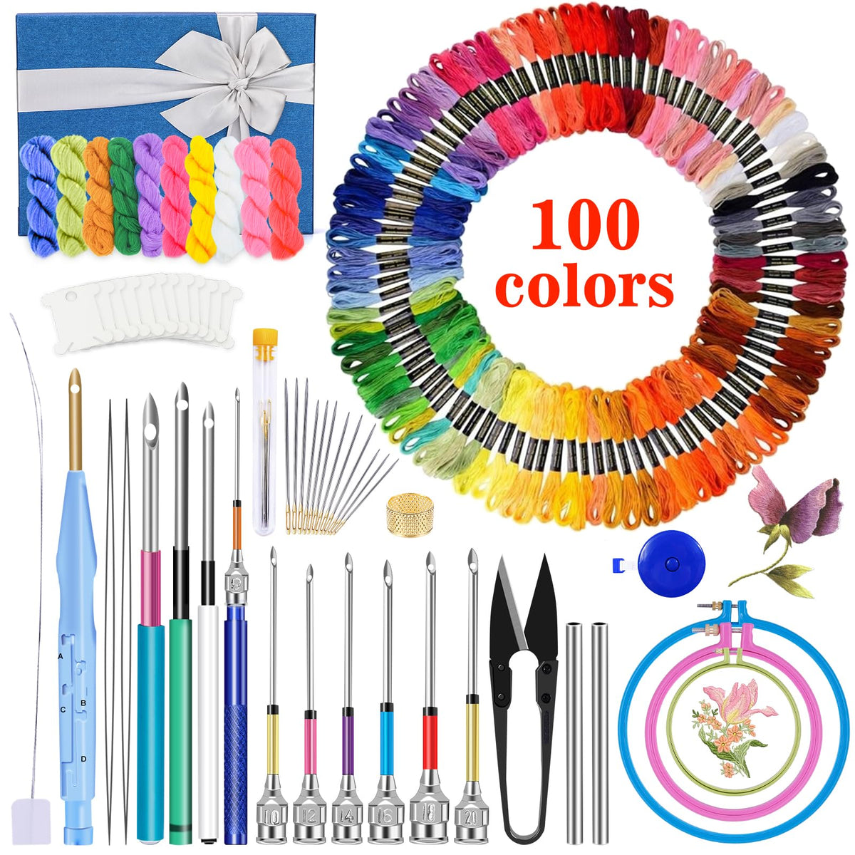 JUPEAN Embroidery Kit, Punch Needle Kit, 156 Pcs Punch Needle Tool, 110 Pcs Embroidery Floss, Punch Needles Kit for Beginners