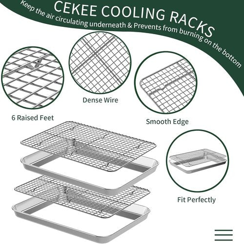 CEKEE Stainless Steel Jelly Roll Pan Set - 2 Baking Pans & 2 Cooling Racks, Nonstick & Rust Proof, 15.94 x 12 x 1 Inch