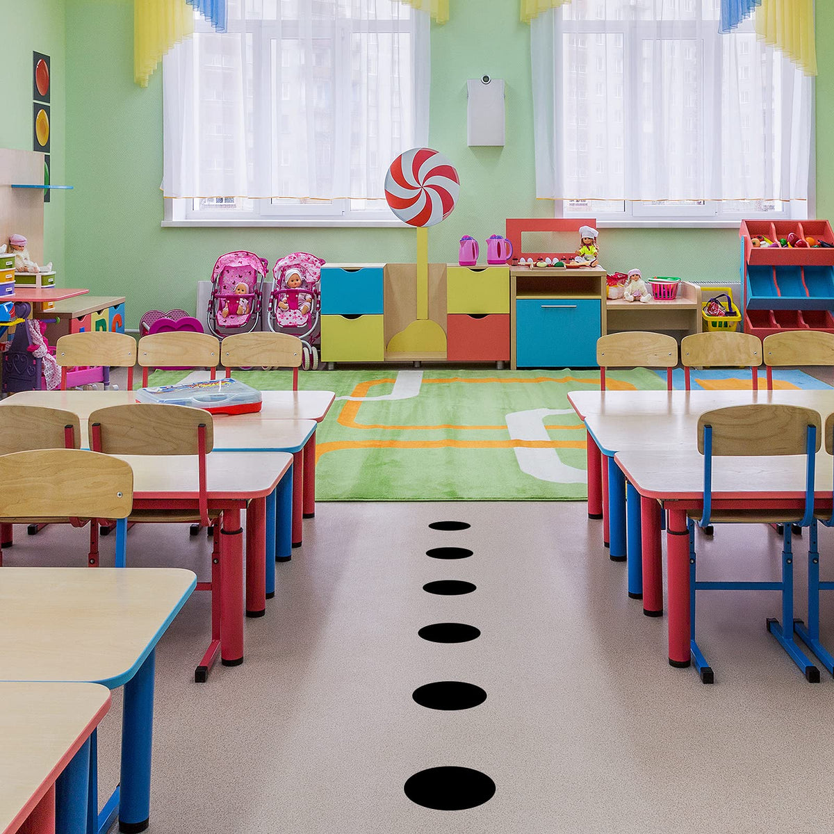 6Inch Vinyl Floor Stickers for Classroom IKAYAS Black Self Adhesive Dots Line Up Spots 36pcs Removable Decals Markers for Preschool and Kindergarten Elementary