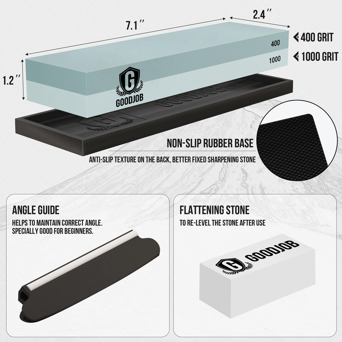Knife Sharpening Stone Kit - Goodjob Premium Japanese Whetstone Knife Sharpener Stones Set - Dual Grit 400/1000 Water Stones with Non-Slip Silicone Base, Angle Guide, Flattening Stone