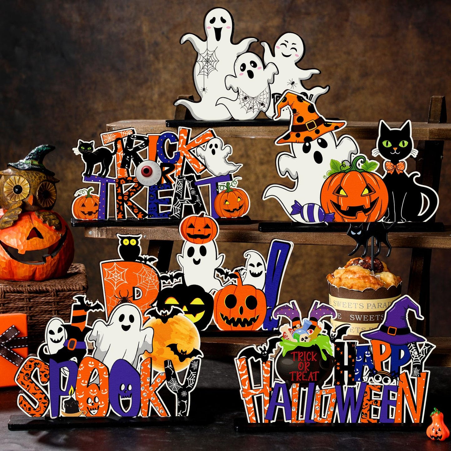 CroBlissful 6 Pcs Halloween Table Centerpiece Decorations Trick or Treat Pumpkin Ghost Wood Centerpiece Happy Halloween Boo Spooky Wooden Signs Table Decor for Living Room Office Kitchen Party Decor